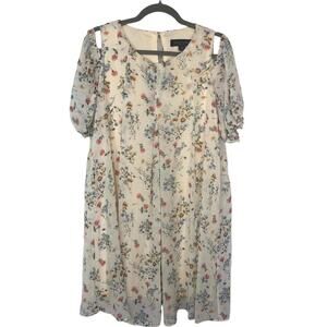 Perceptions Dress Floral Closure Cold Shoulder Puffed Sleeve Back Pleat